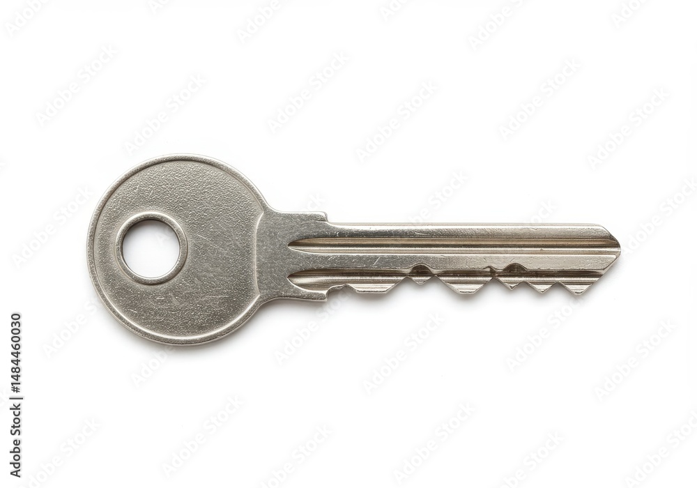 Poster a single metal key isolated on a white background used for security and access