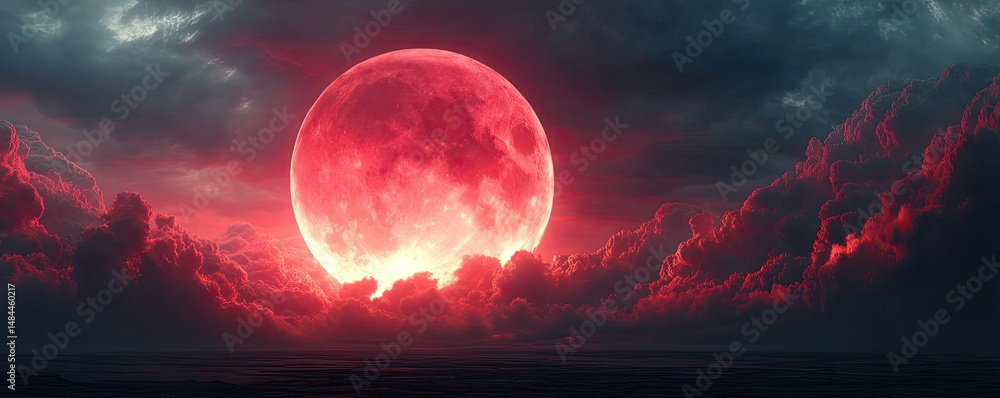 Poster red moon behind black clouds with abstract fire and smoke concept. stunning crimson moon setting in 