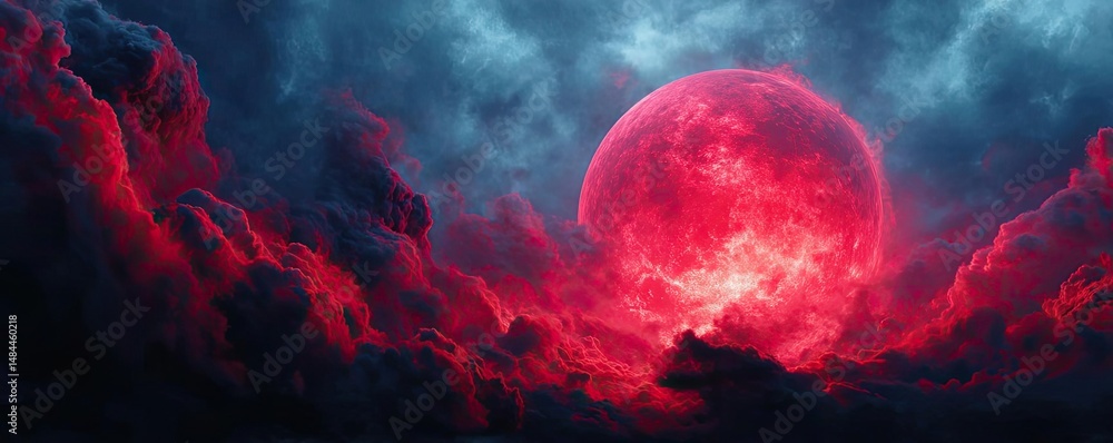Aufkleber red moon behind black clouds with abstract fire and smoke concept. a captivating view of a red moon 