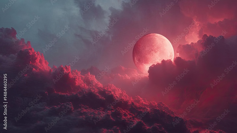 Poster red moon behind black clouds at night with abstract fire concept. a stunning sky view with a pink mo