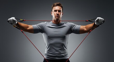 Muscular man doing resistance band exercise for shoulder workout routine