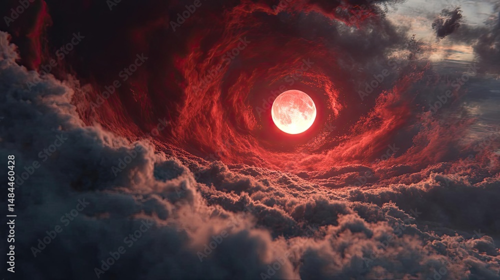 Poster red moon behind black clouds with abstract fire and smoke concept. a dramatic red moon surrounded by