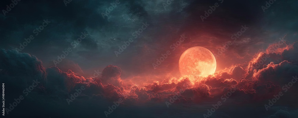 Poster red moon behind black clouds at night with abstract fire concept. a breathtaking view of the vibrant