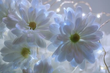 Close-up view of pale white flowers softly illuminated.