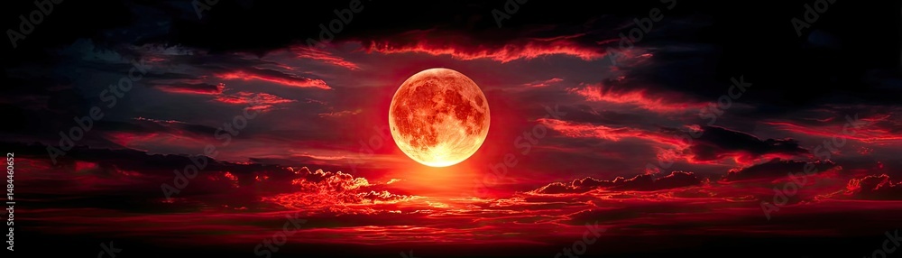 Poster red moon behind black clouds at night with abstract fire concept. a captivating view of a red moon i