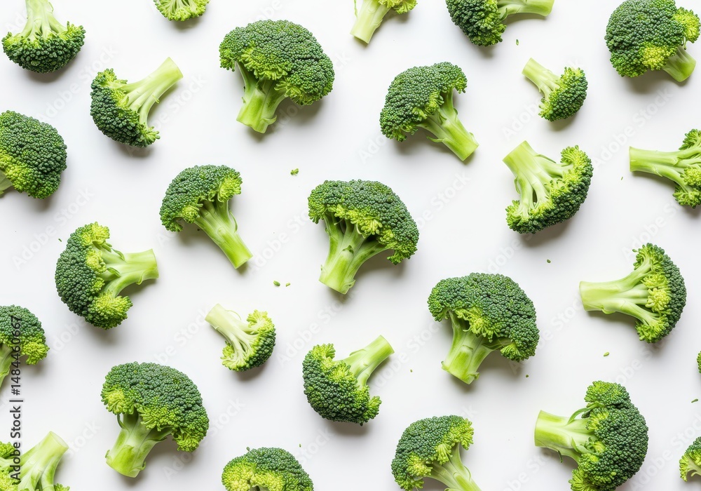 Poster overhead view of fresh green broccoli florets scattered on a white surface in a studio setting