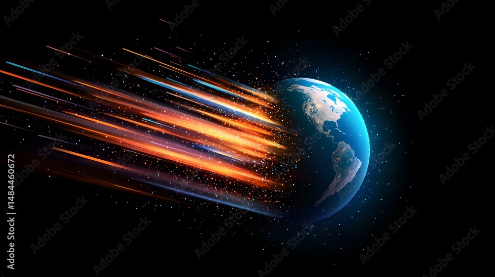 Aufkleber the image shows a digital rendering of planet earth with streaks of light resembling a comet's tail 
