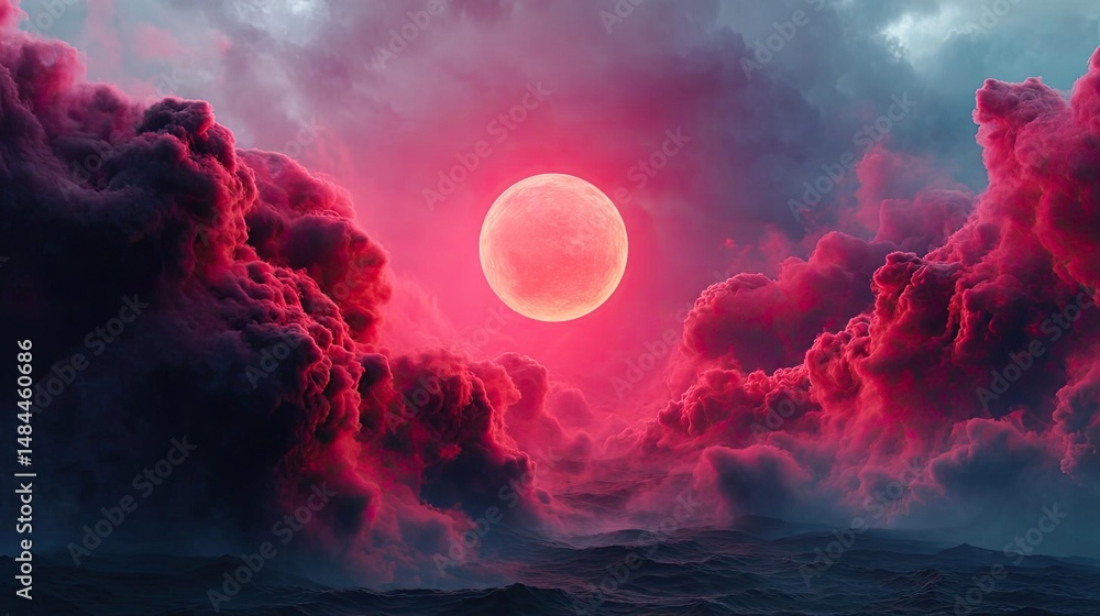 Poster red moon behind black clouds in dark abstract sky concept. stunning red moon illuminates a dramatic 