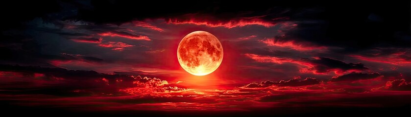 Fototapeta premium Red moon behind black clouds at night with abstract fire concept. A captivating view of a red moon illuminating the night sky.