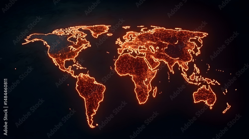 Poster the image contains a glowing orange outline of a world map on a dark background, with interconnected