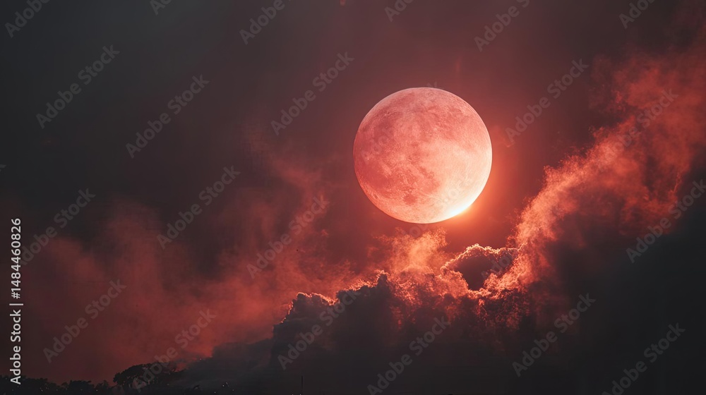 Poster red moon behind black clouds at night with abstract fire concept. a captivating red moon glowing ami