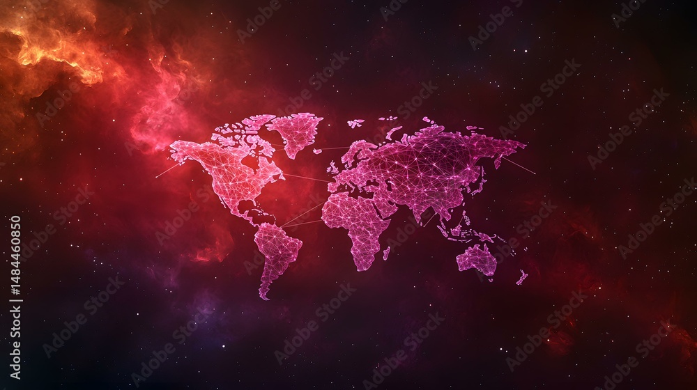 Aufkleber a stylized pink world map composed of interconnected nodes and lines is set against a backdrop of a 