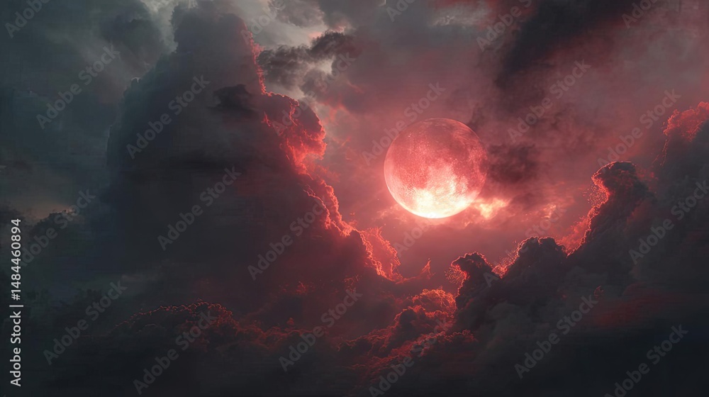 Poster red moon behind black clouds with abstract fire and smoke concept. a mysterious sky with a glowing r