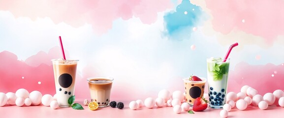 Milk Bubble Tea Splash for Drinks Bar Menu: Doodle Chalk Illustration of Beverage Cups with Fruit, Berry, Chocolate, and Strawberry Toppings.