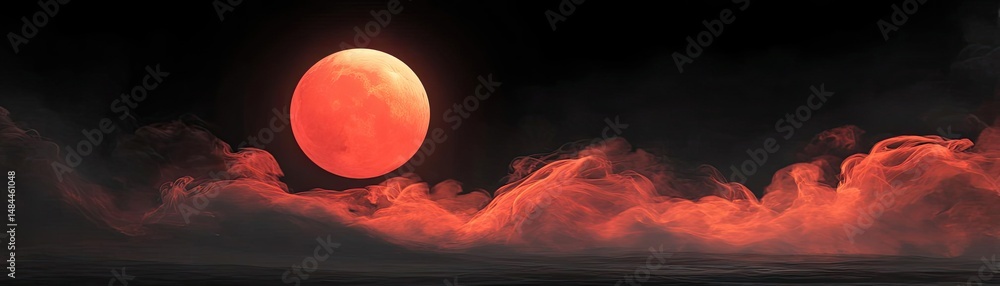 Poster red moon behind black clouds with abstract fire and smoke concept. a stunning lunar landscape showca