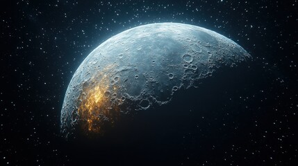 Obraz premium A crescent moon glows with inner fire, detailed craters and cosmic dust
