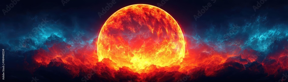 Poster red moon behind black clouds with abstract fire and smoke concept. a stunning view of a fiery sunset