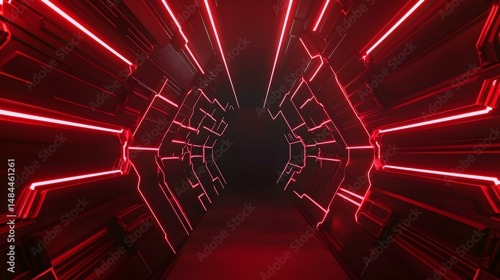 Poster the image shows a dark, futuristic corridor with a complex geometric design. bright red neon lights 