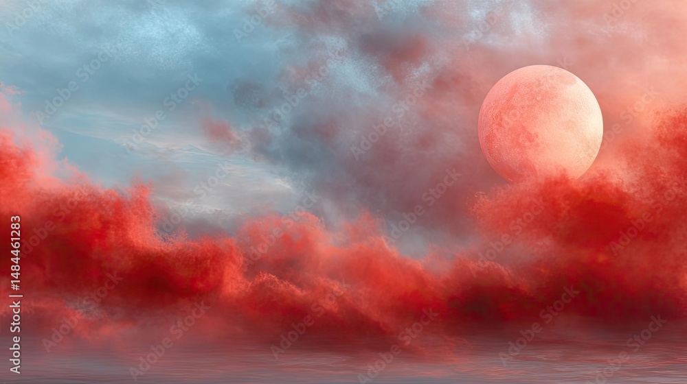 Aufkleber Red moon behind black clouds with abstract fire and smoke concept. A breathtaking view of the sky with clouds and a glowing moon.