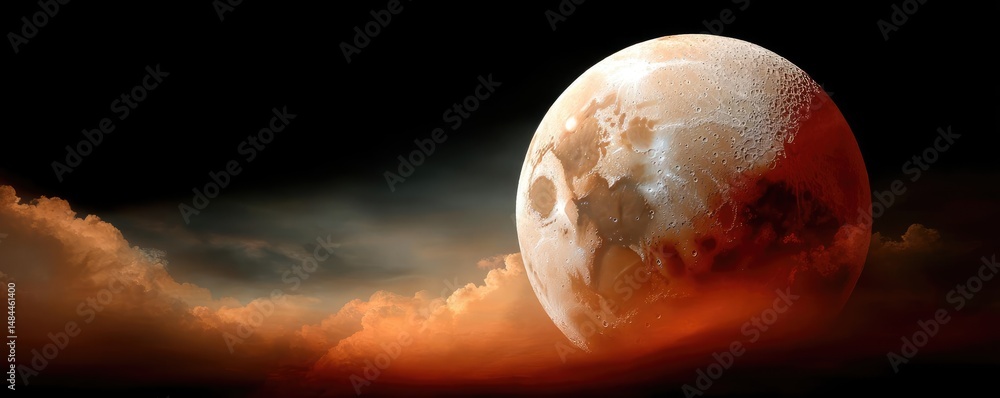 Poster red moon behind black clouds with abstract fire and smoke concept. a captivating view of a lunar lan