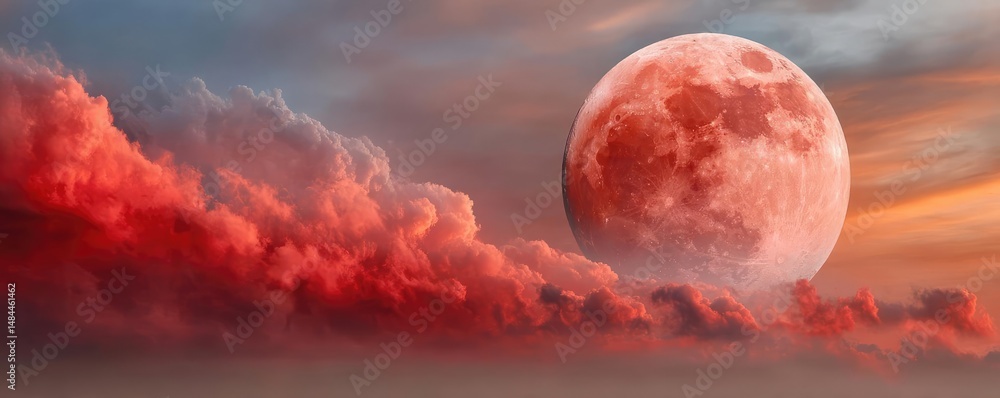 Aufkleber red moon behind black clouds with abstract fire and smoke concept. stunning sunset with a vibrant re