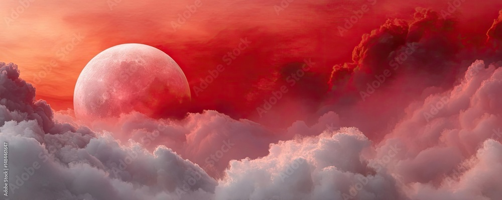 Poster red moon behind black clouds with abstract fire and smoke concept. a dramatic sunset with red clouds