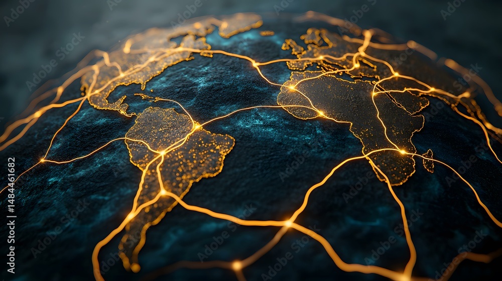 Poster the image shows a stylized 3d rendering of the earth, with glowing orange lines representing interco