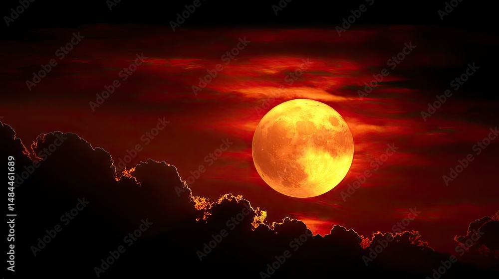 Poster red moon behind black clouds in dark abstract sky concept. a stunning view of a full moon glowing am