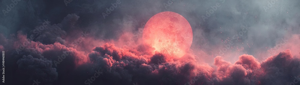 Poster red moon behind black clouds with abstract fire and smoke concept. a stunning twilight landscape wit