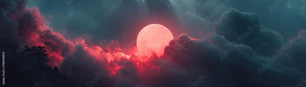 Aufkleber red moon behind black clouds with abstract fire and smoke concept. dramatic sunset with vibrant clou