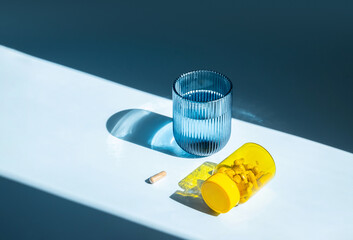 Glass of Water and Yellow Medicine Bottle with Pills and one Capsule Nearby in Hard Light. Taking Vitamin for Health and Wellness.
