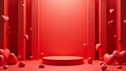Red podium background for product, Symbols of love for women's holiday, Valentine's Day, 3D rendering 
