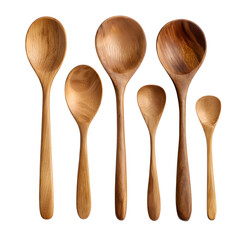 Handcrafted wooden spoon set on a white background, suitable for rustic cooking themes, natural living, kitchenware shops or recipe content