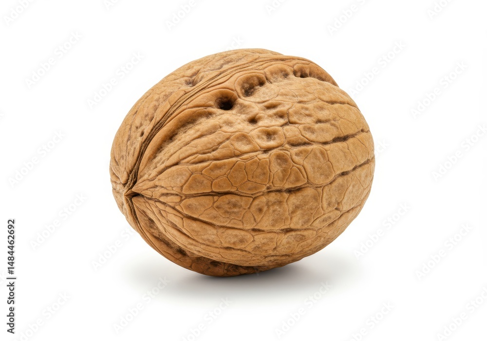 Poster close up of a single whole walnut with its textured shell isolated on a white background