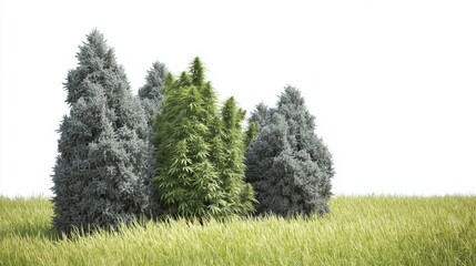 Fototapeta premium Green trees in the field isolated on white background. Generative AI