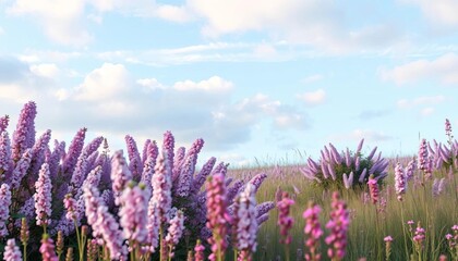 Fototapeta premium Pastel spring meadow, lilac bushes, pink wildflowers, blue sky, soft clouds, serenity, romantic
