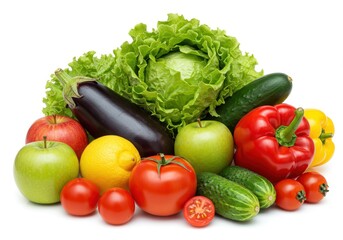 Fresh vegetables and fruits including lettuce, tomatoes, apples, cucumbers, peppers, and eggplant on a white background