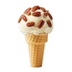 Creamy vanilla ice cream topped with pecans in a waffle cone against a plain background
