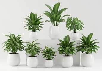 Fototapeta premium Collection of various green houseplants in white pots arranged on a white surface