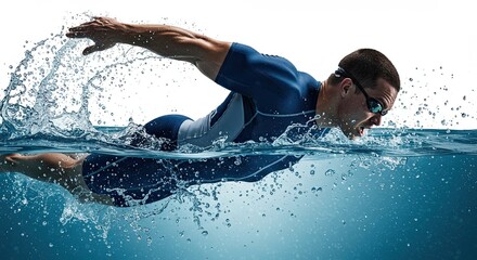 Muscular swimmer powerfully gliding through blue water in butterfly stroke
