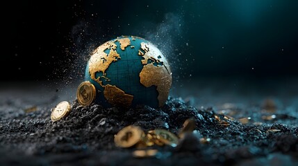 Cracked and fractured globe with various financial symbols and icons leaking out symbolizing a global economic crisis financial instability and worldwide market turmoil