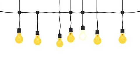 Set of simple line art light bulb icons hanging on wires, isolated on white , modern, minimal
