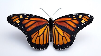 Fototapeta premium High definition monarch butterfly with open wings intricate patterns displayed in full clarity against a pure white setting overlay cut out on isolated transparent removed background