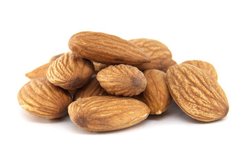 A close-up image showcases a delicious pile of fresh, raw almonds against a white backdrop.