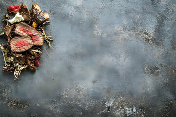 Close-up of colorful grilled meat and vegetables on a textured surface.