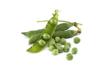An overhead shot of fresh green peas, some in pods, isolated on a bright white surface.