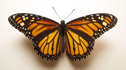Fototapeta premium High definition monarch butterfly with open wings intricate patterns displayed in full clarity against a pure white setting overlay cut out on isolated transparent removed background