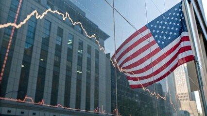 A downward-trending stock market graph is reflected in a building