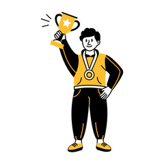 A hand drawn illustration depicting winner holding a trophy

