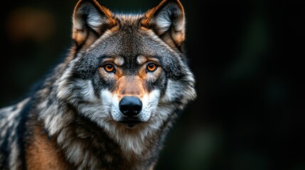 Fototapeta premium Close-up portrait of a majestic wolf. Wild, alert eyes stare directly at viewer. Rich, mixed brown and grey fur